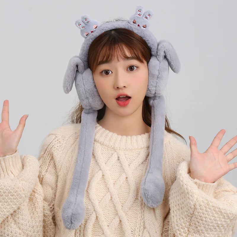 Cute Ear Move Earmuff Rabbit Moving Ears Jumping Earmuffs Warm Funny Toy Cap Plush Toy Headphones for Women Adult Winter Gift